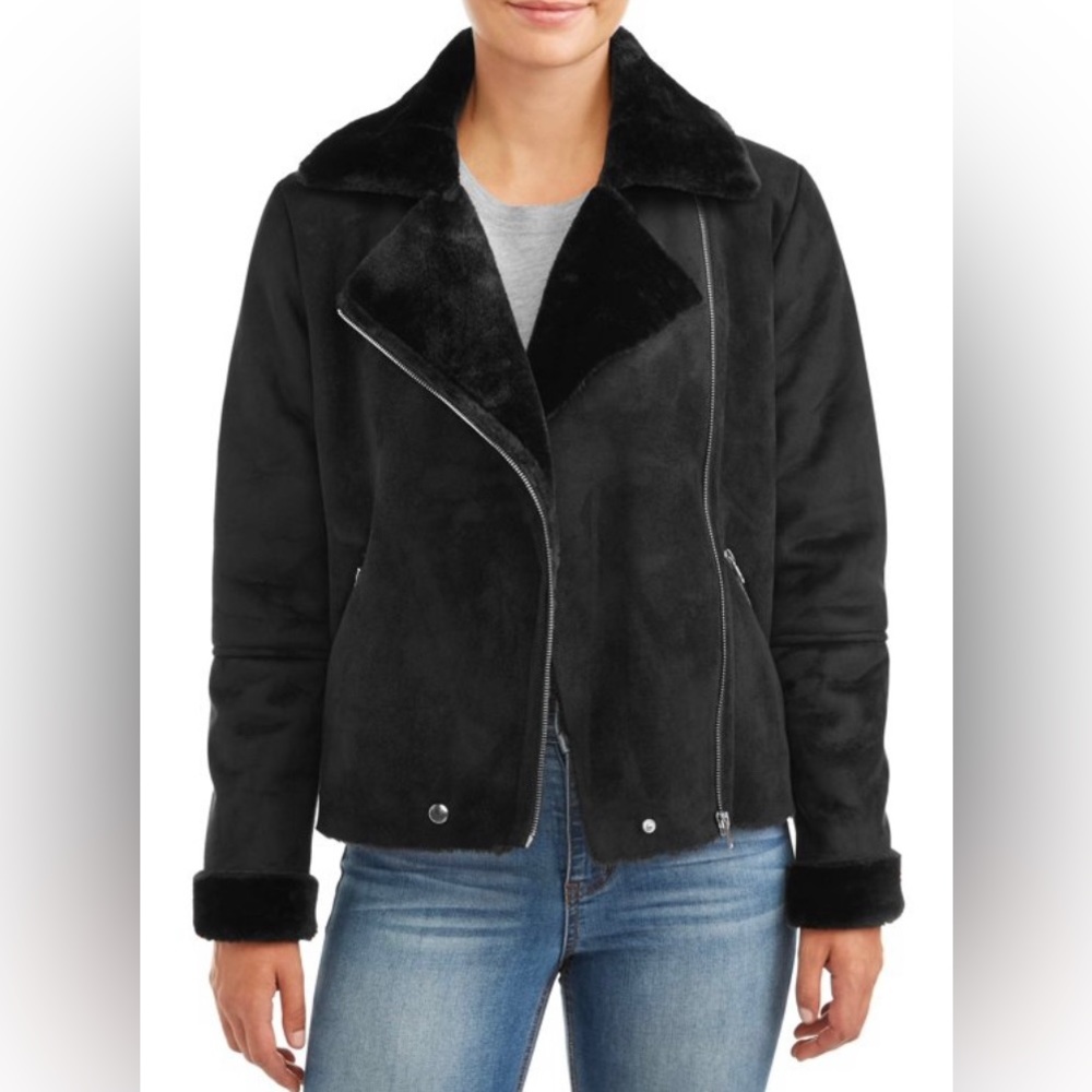 NWOT Women's Sherpa-Lined Faux Suede Moto Jacket